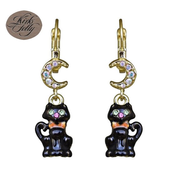 Kirks Folly Jewelry - 𝐊𝐈𝐑𝐊𝐒 𝐅𝐎𝐋𝐋𝐘 BLACK CAT Familiar LeverBack Earrings GoldTone Halloween